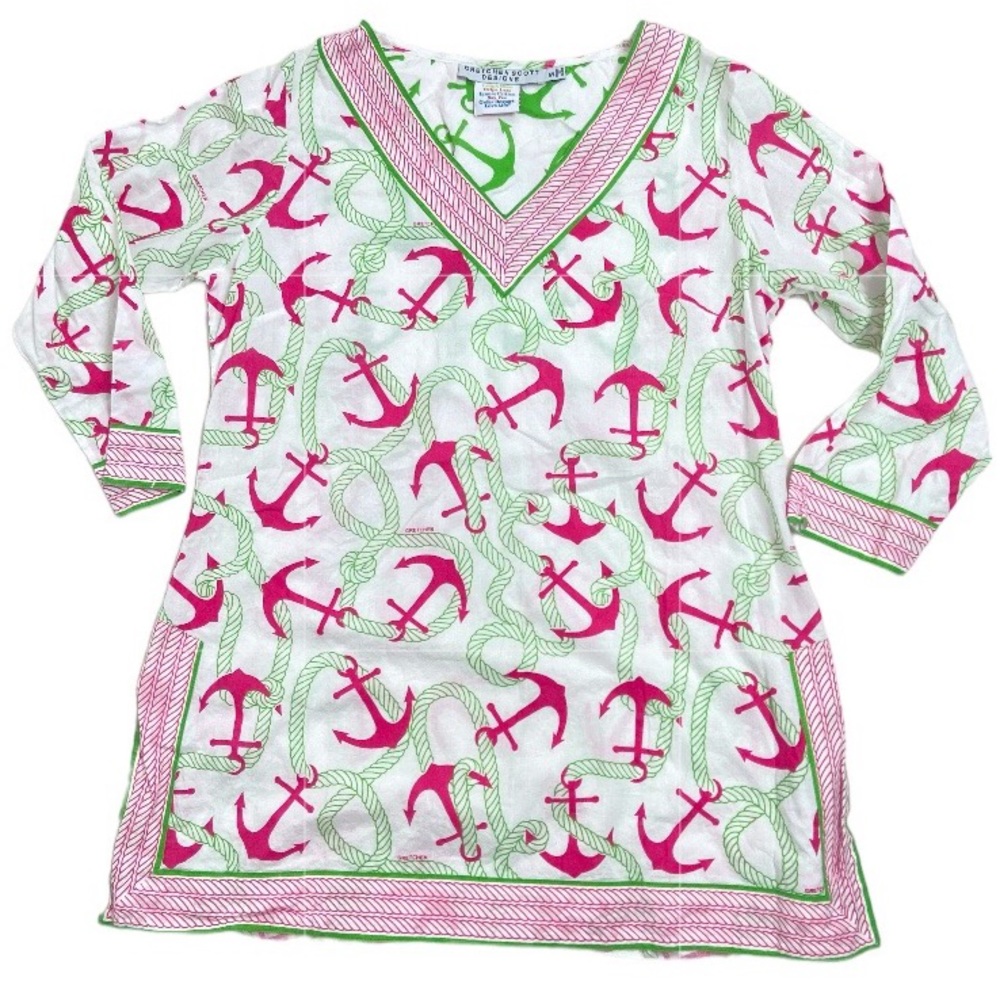Gretchen Scott Designs nautical boat anchor pink green tunic top. Size Small